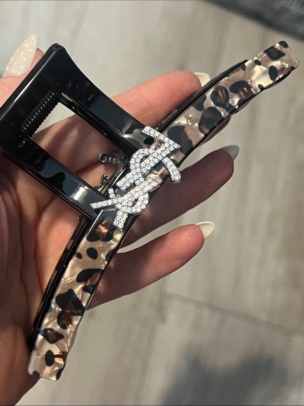 Rhinestone Logo Leopard & Black Hair Claw Clip